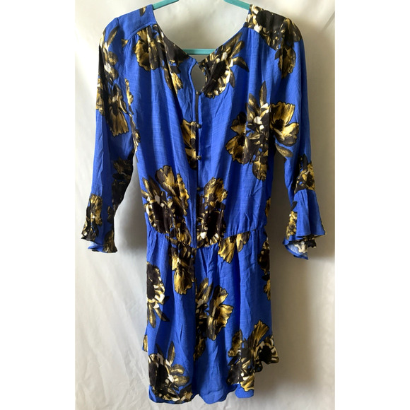 Free People '25 Royal Blue Floral Romper Rush Ruffles Wrap Front about Sz L-XL - Picture 2 of 16